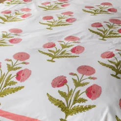 Graham & Green Pink Pavot Flower Block Printed King Size Duvet Cover Set