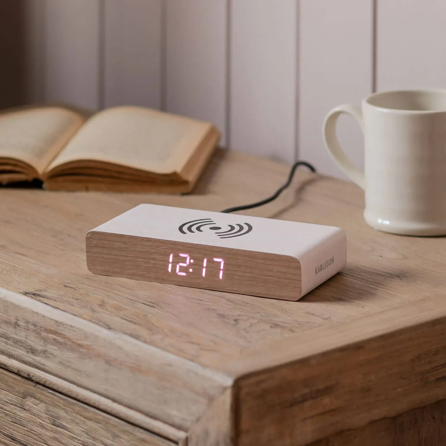 Graham & Green Retro White LED Alarm Clock Phone Charger