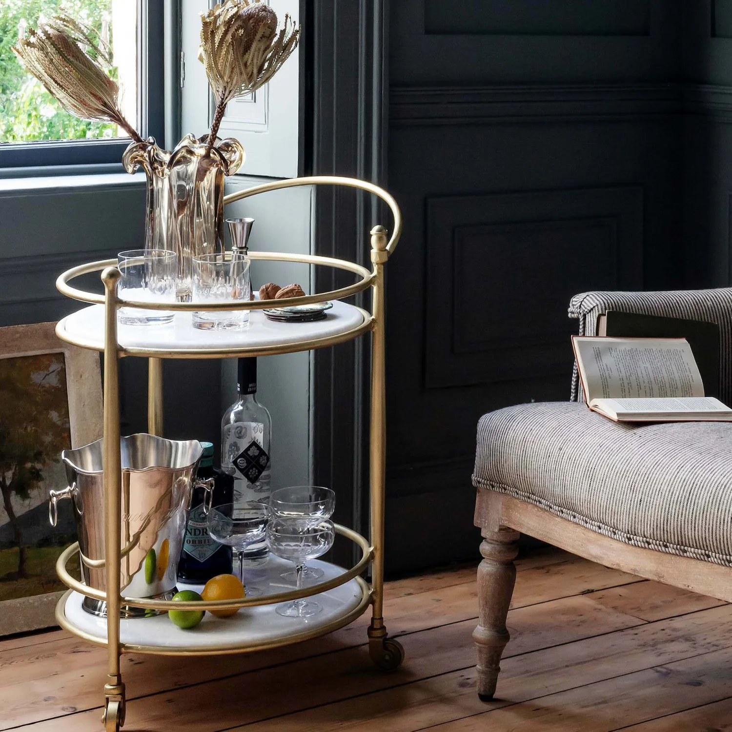 Graham & Green Round Drinks Trolley with Marble Shelves