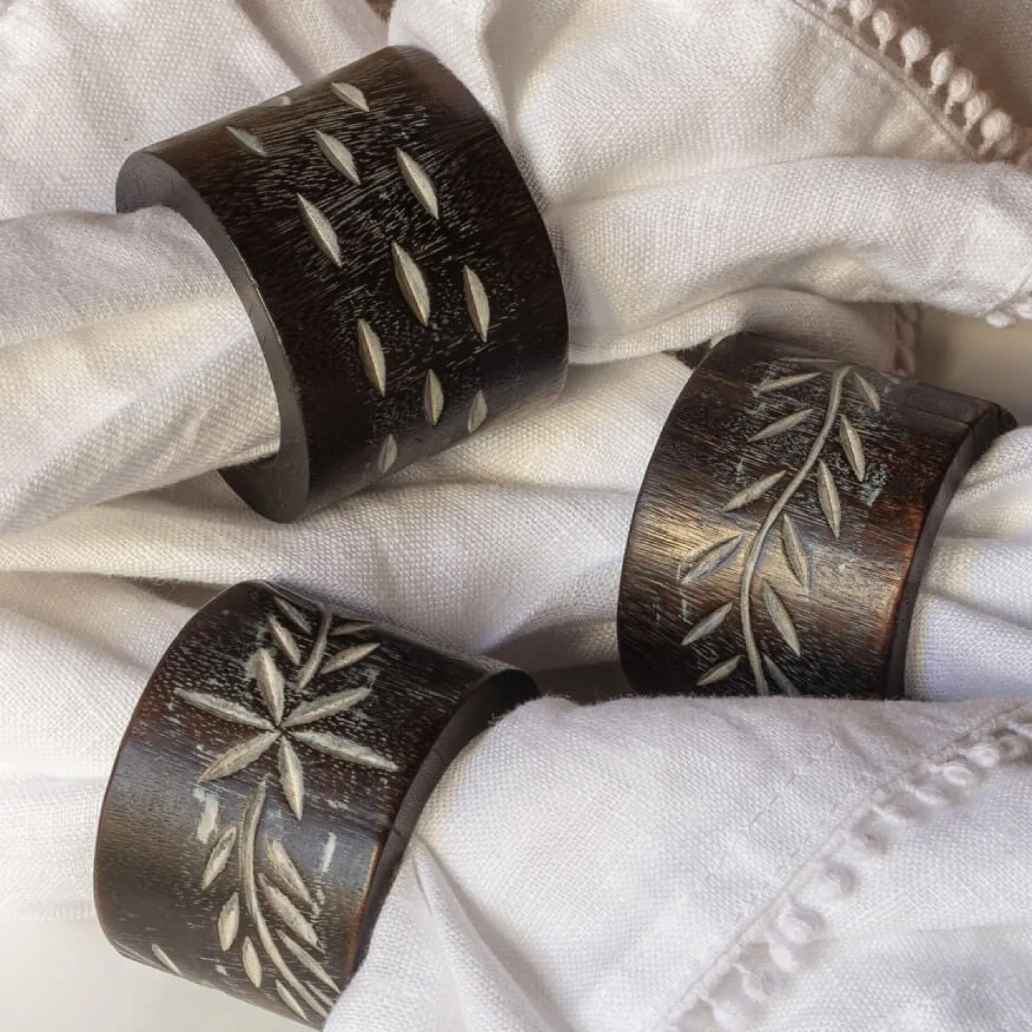 Graham & Green Set of Six Carved Wooden Napkin Rings