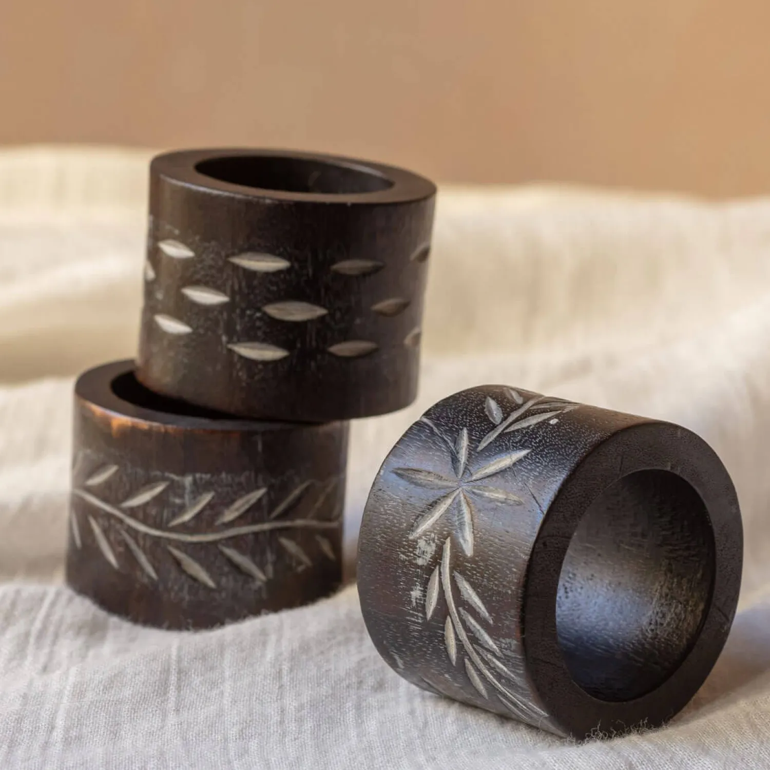 Graham & Green Set of Six Carved Wooden Napkin Rings