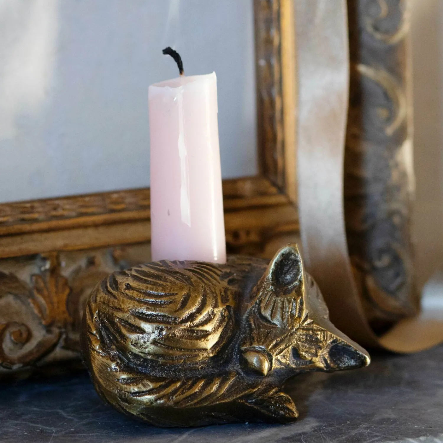Graham & Green Sleeping Fox Antiqued Brass Candle Holder