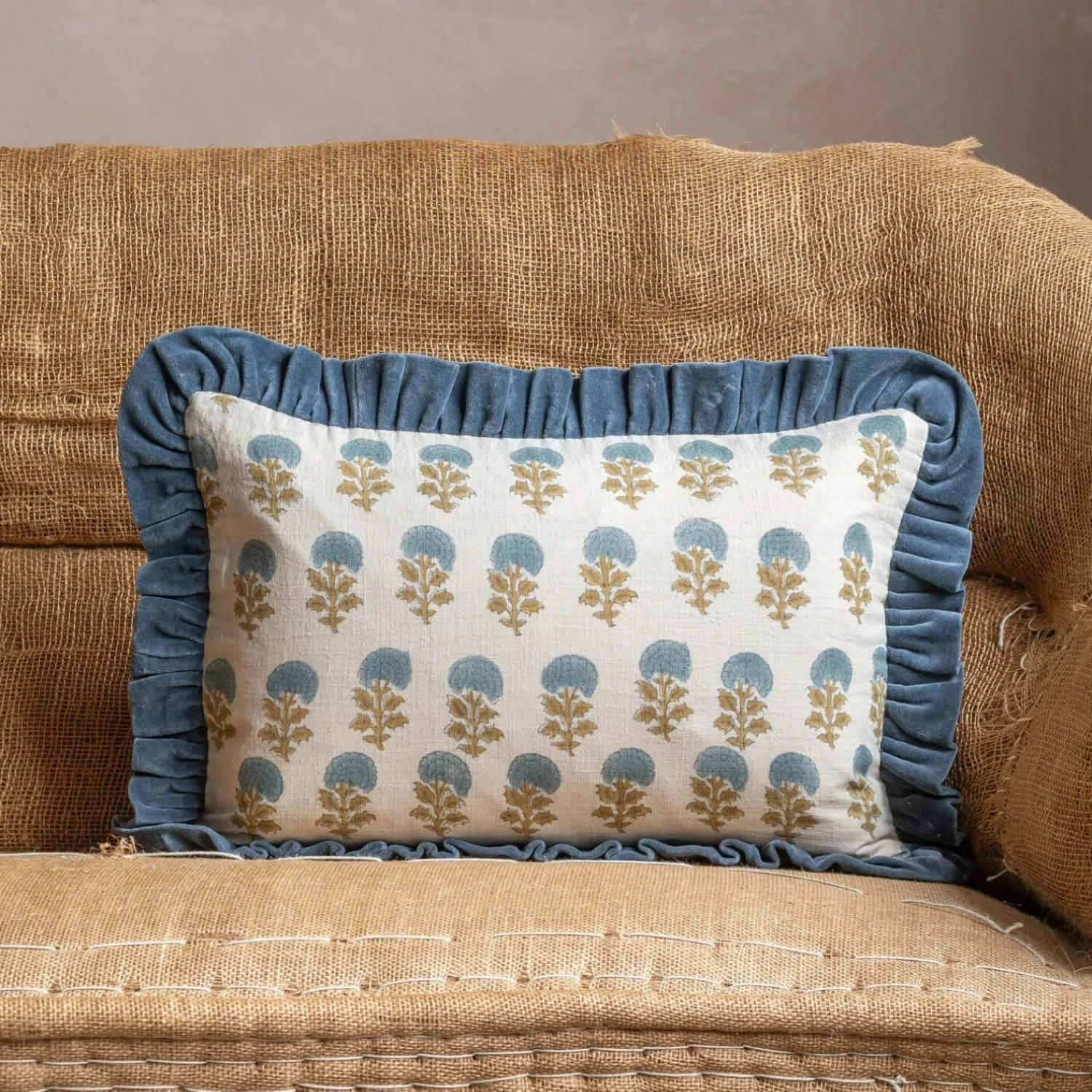 Graham & Green Small Rectangular Velvet Frill Block Printed Cushions