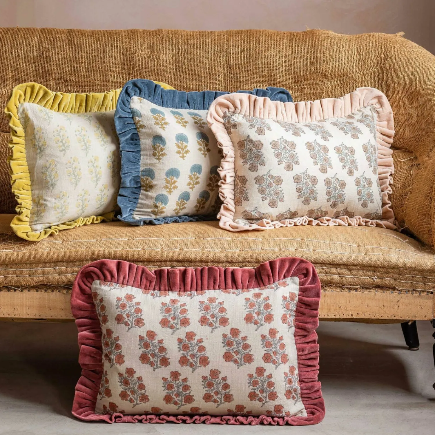 Graham & Green Small Rectangular Velvet Frill Block Printed Cushions