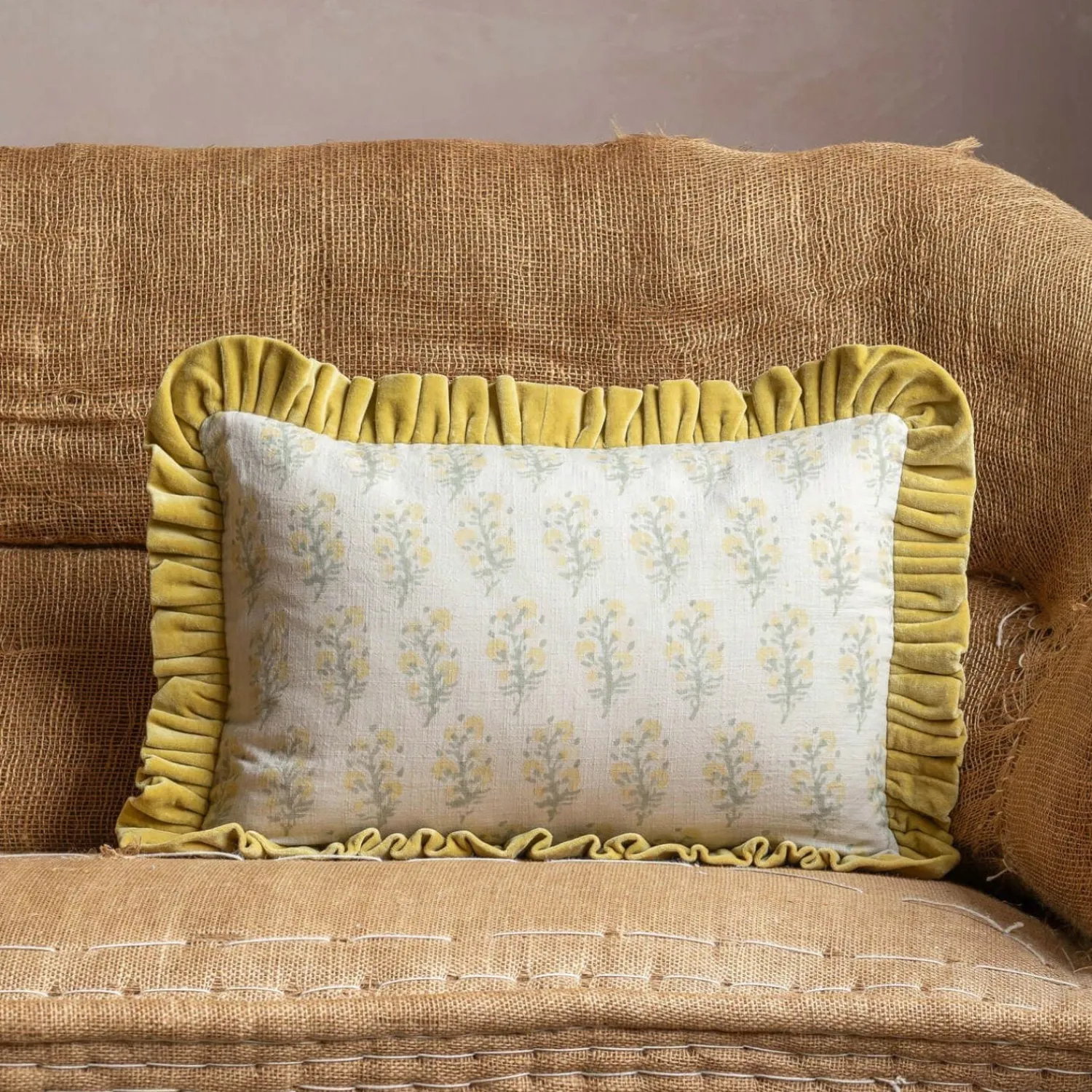Graham & Green Small Rectangular Velvet Frill Block Printed Cushions