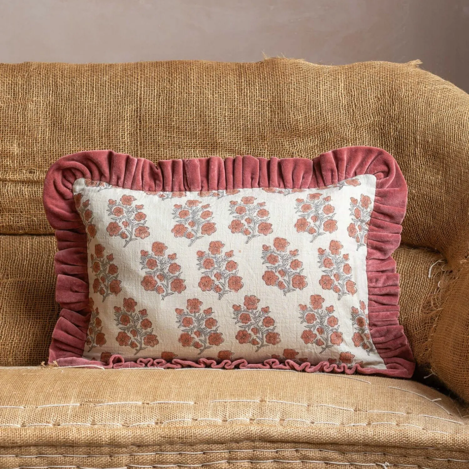 Graham & Green Small Rectangular Velvet Frill Block Printed Cushions