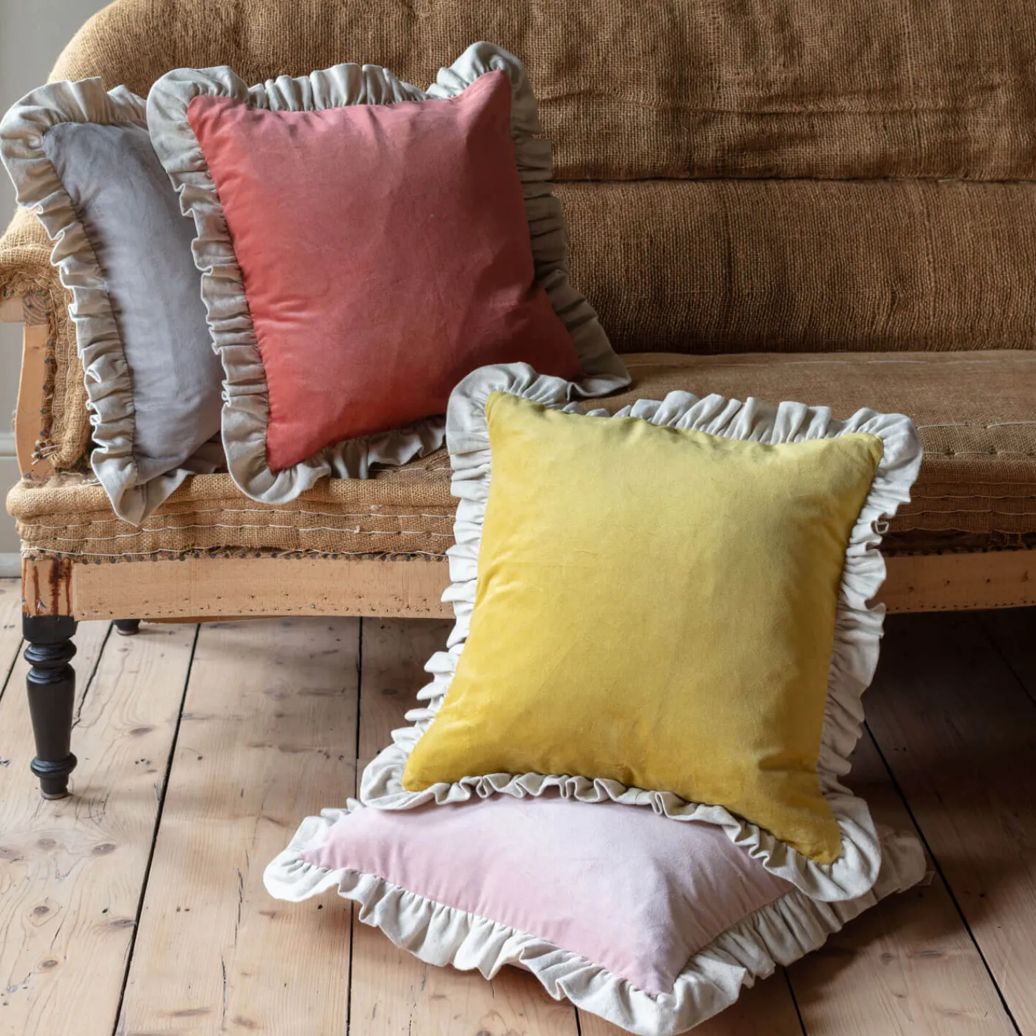 Graham & Green Small Velvet and Linen Frilled Cushions