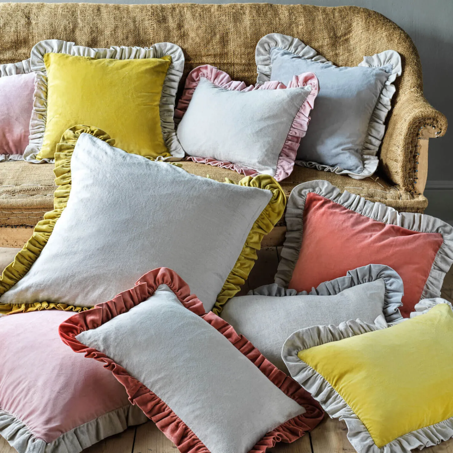Graham & Green Small Velvet and Linen Frilled Cushions