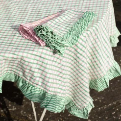Graham & Green Sundae Green and Pink Block Printed Frill Table Cloths