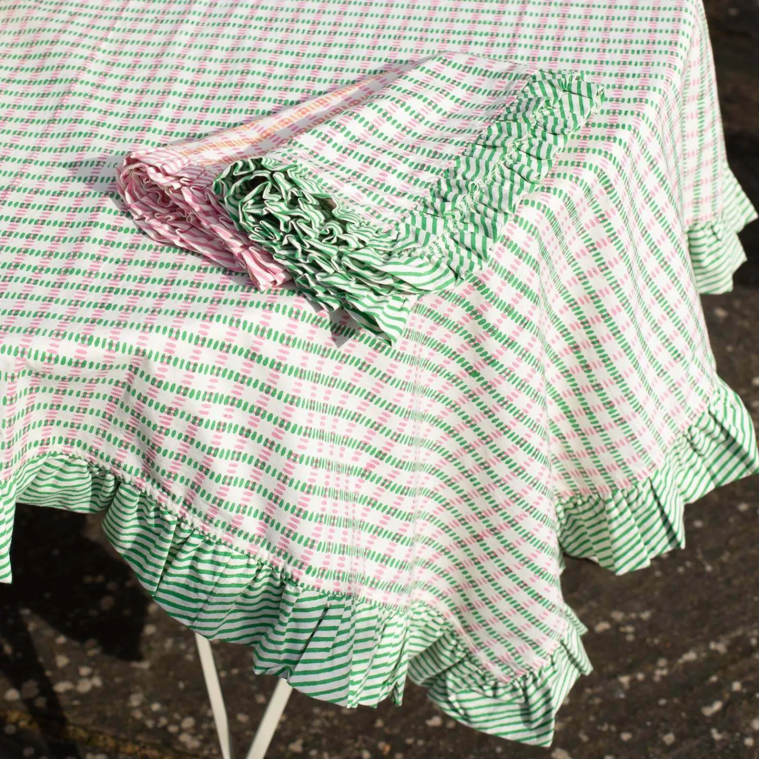 Graham & Green Sundae Green and Pink Block Printed Frill Table Cloths