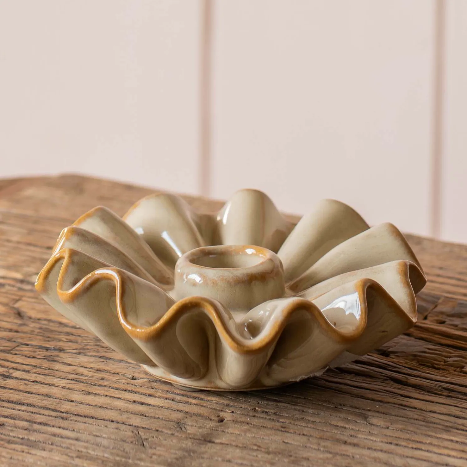 Graham & Green Taupe Porcelain Frill Candle Holder