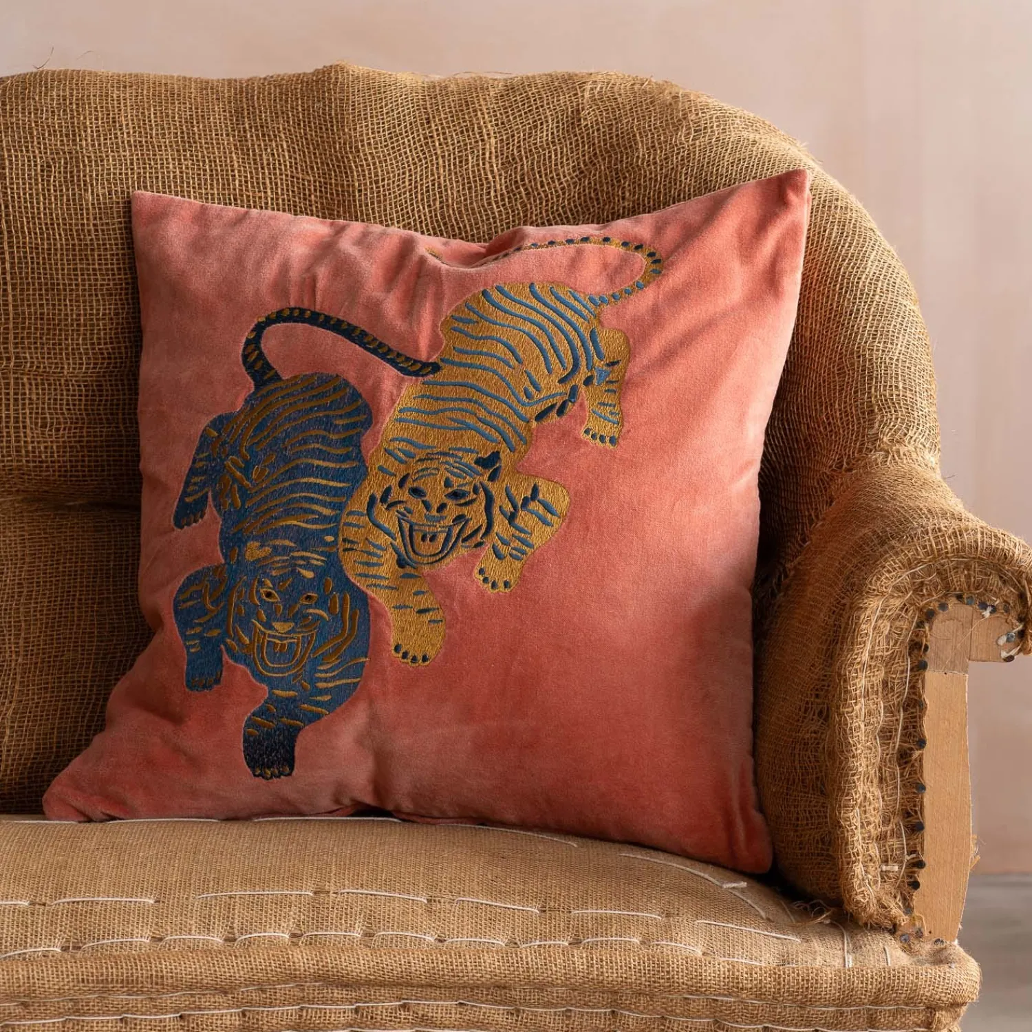 Graham & Green Tiger Embroidered Velvet Square Cushions