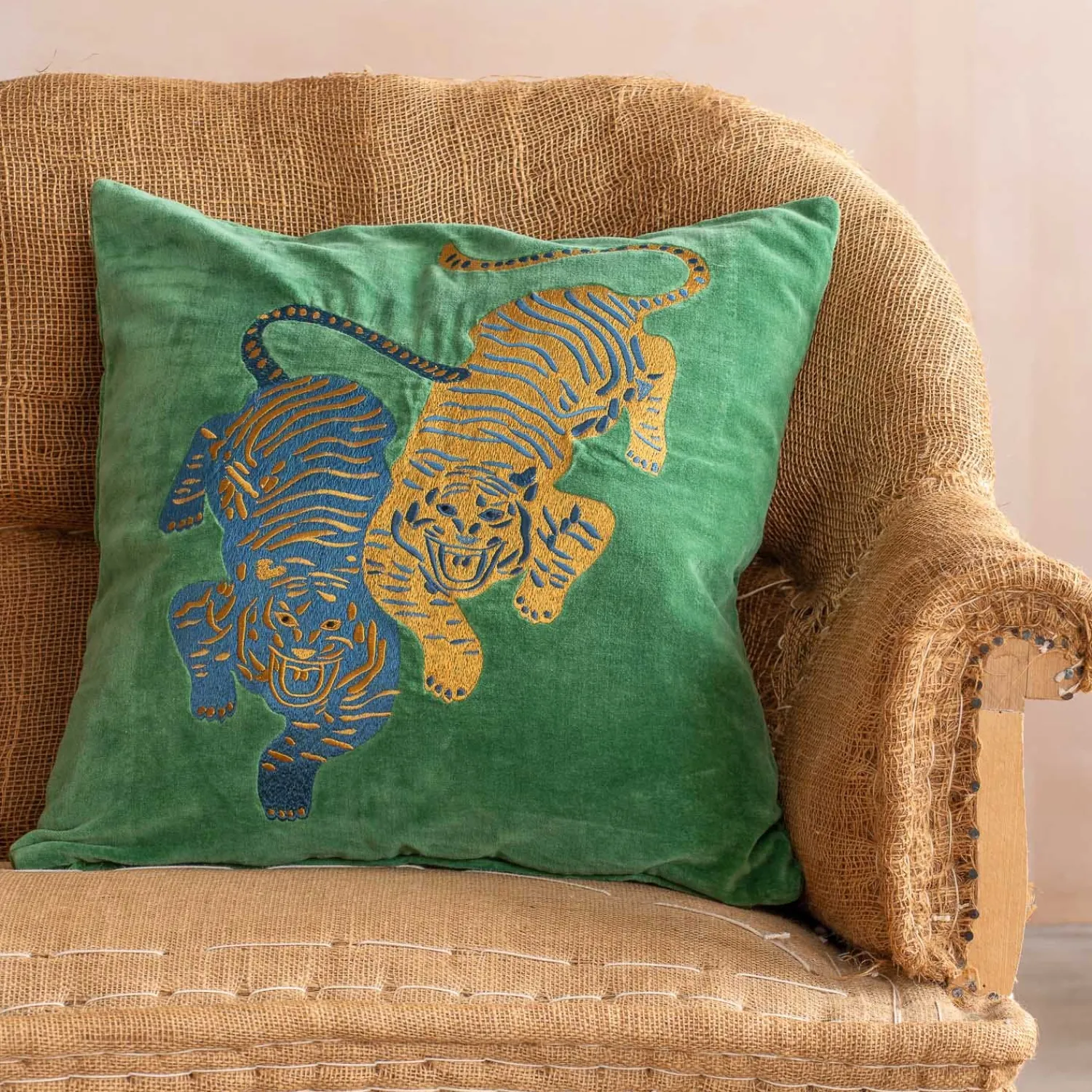 Graham & Green Tiger Embroidered Velvet Square Cushions