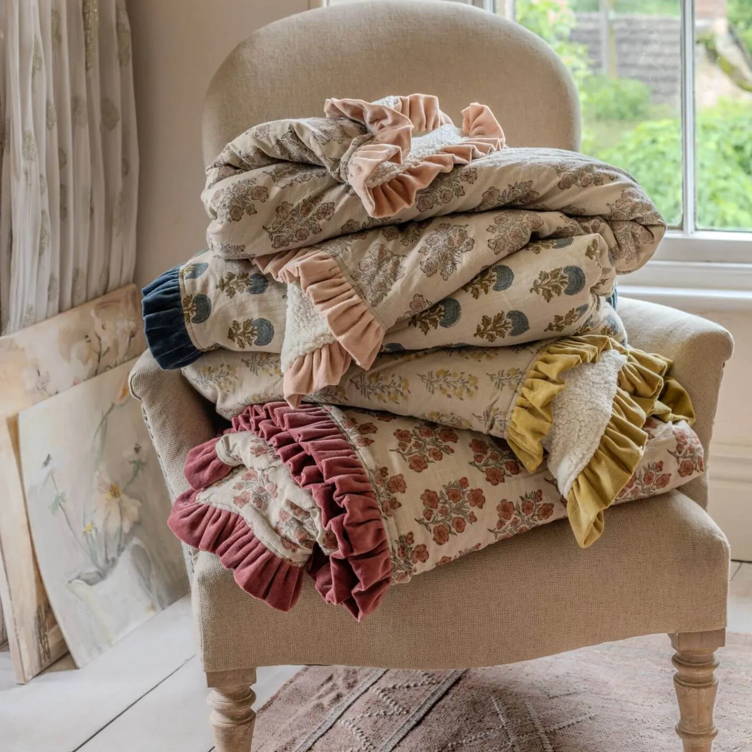 Graham & Green Velvet Frill Floral Block Printed Sherpa Throws