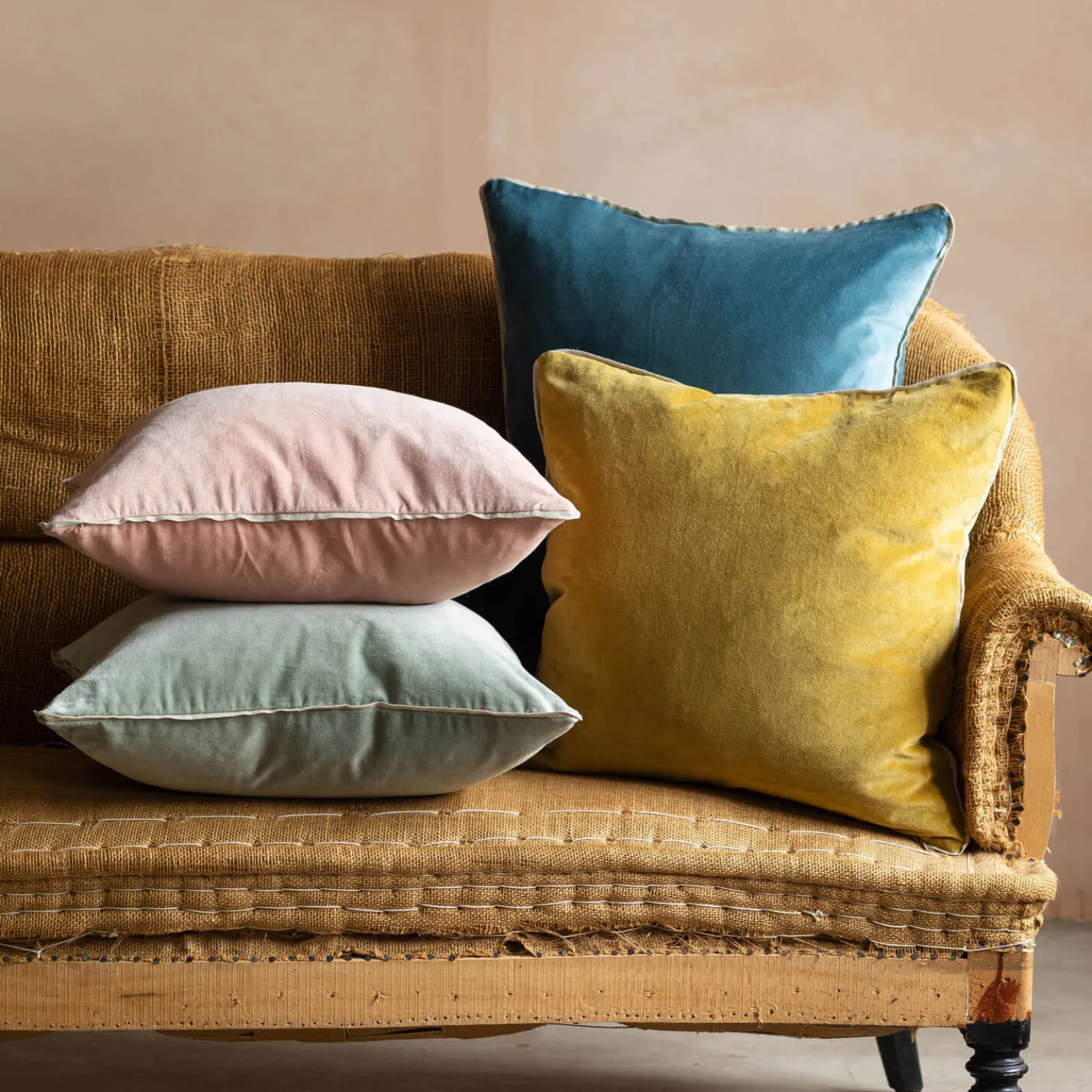Graham & Green Velvet Square Cushions with Linen Trim