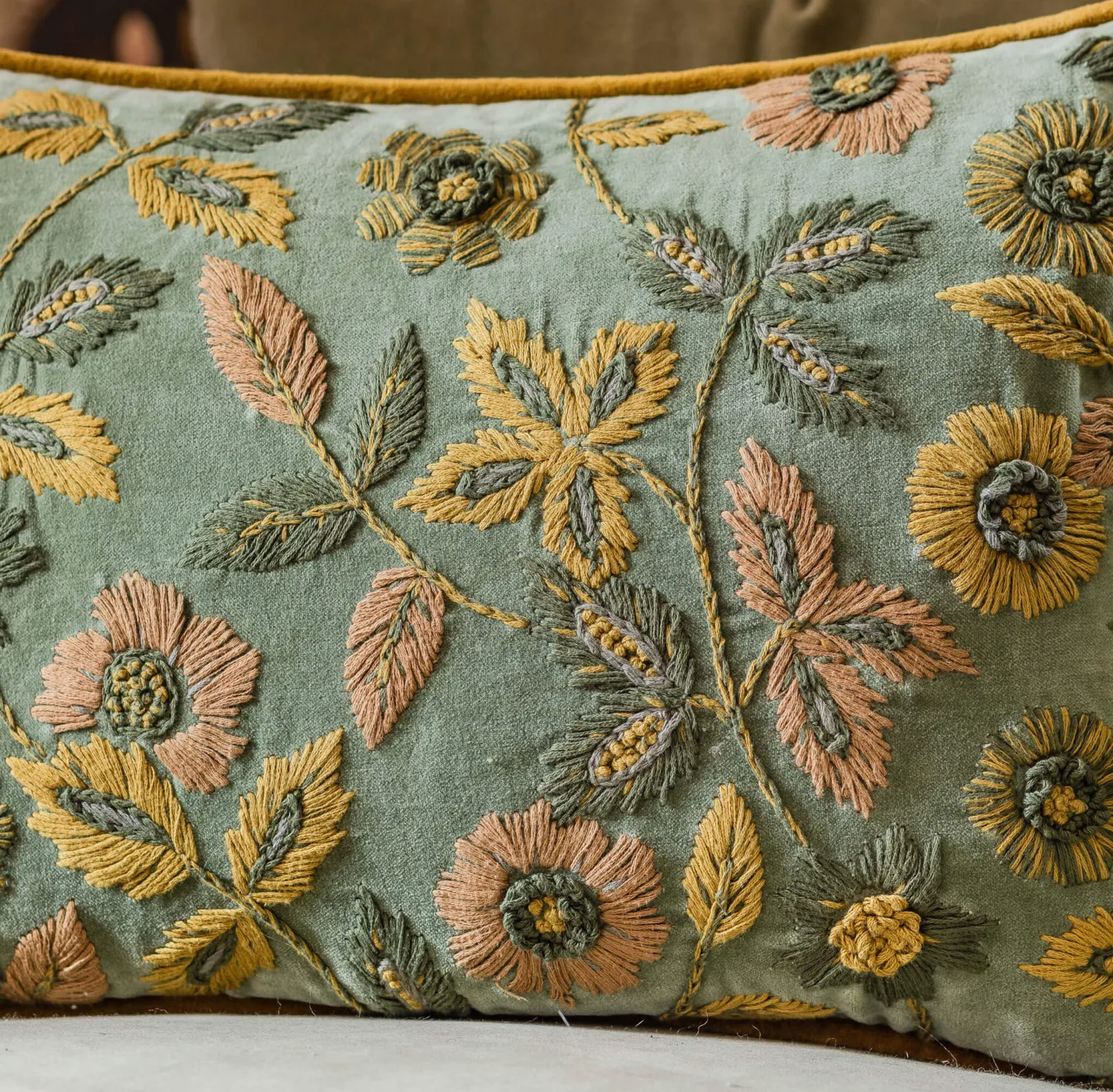 Graham & Green Viola Embroidered Green Velvet Rectangular Cushion
