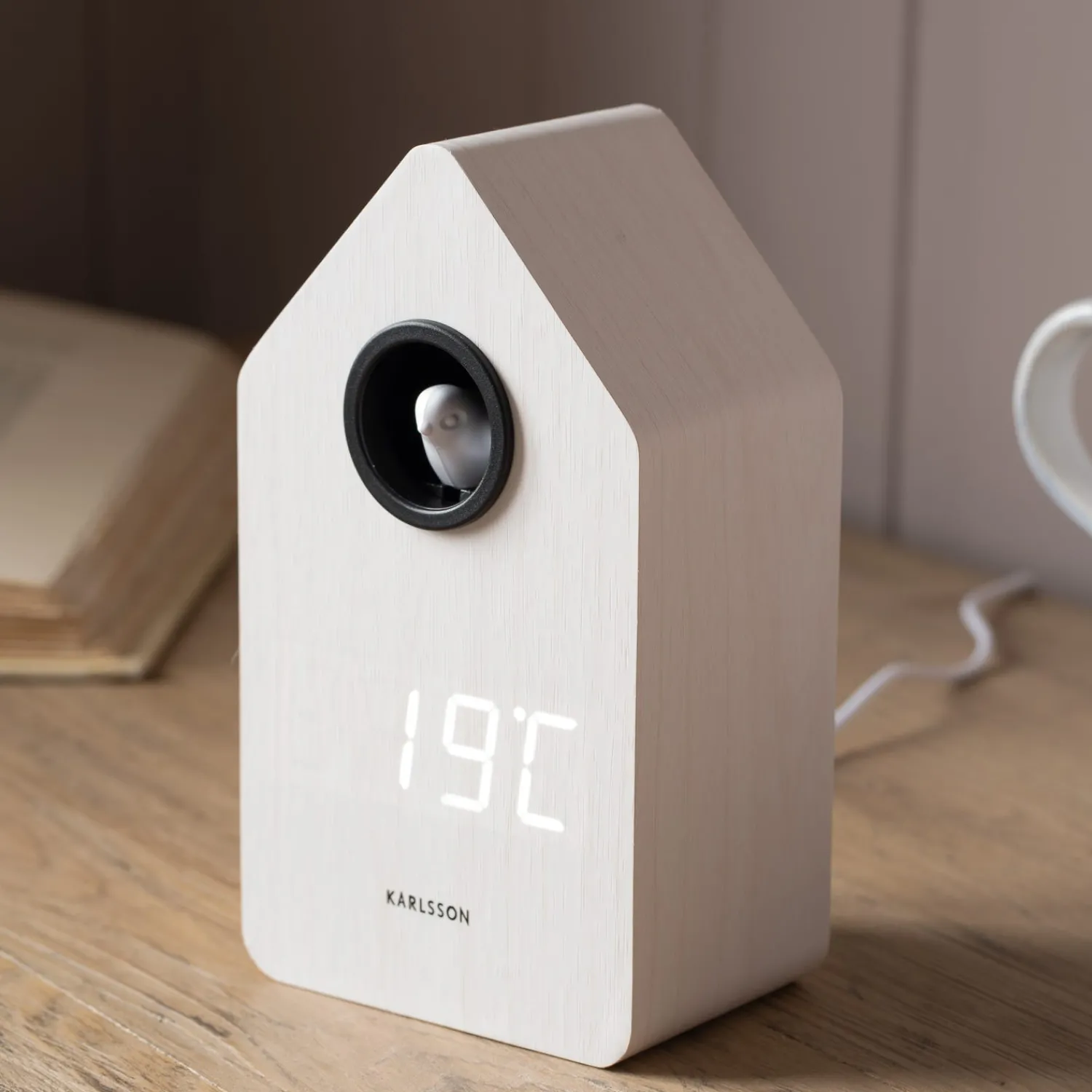 Graham & Green White Wooden LED Cuckoo Alarm Clock