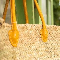 Graham & Green Yellow Leather and Natural Woven Palm Shopper Bag