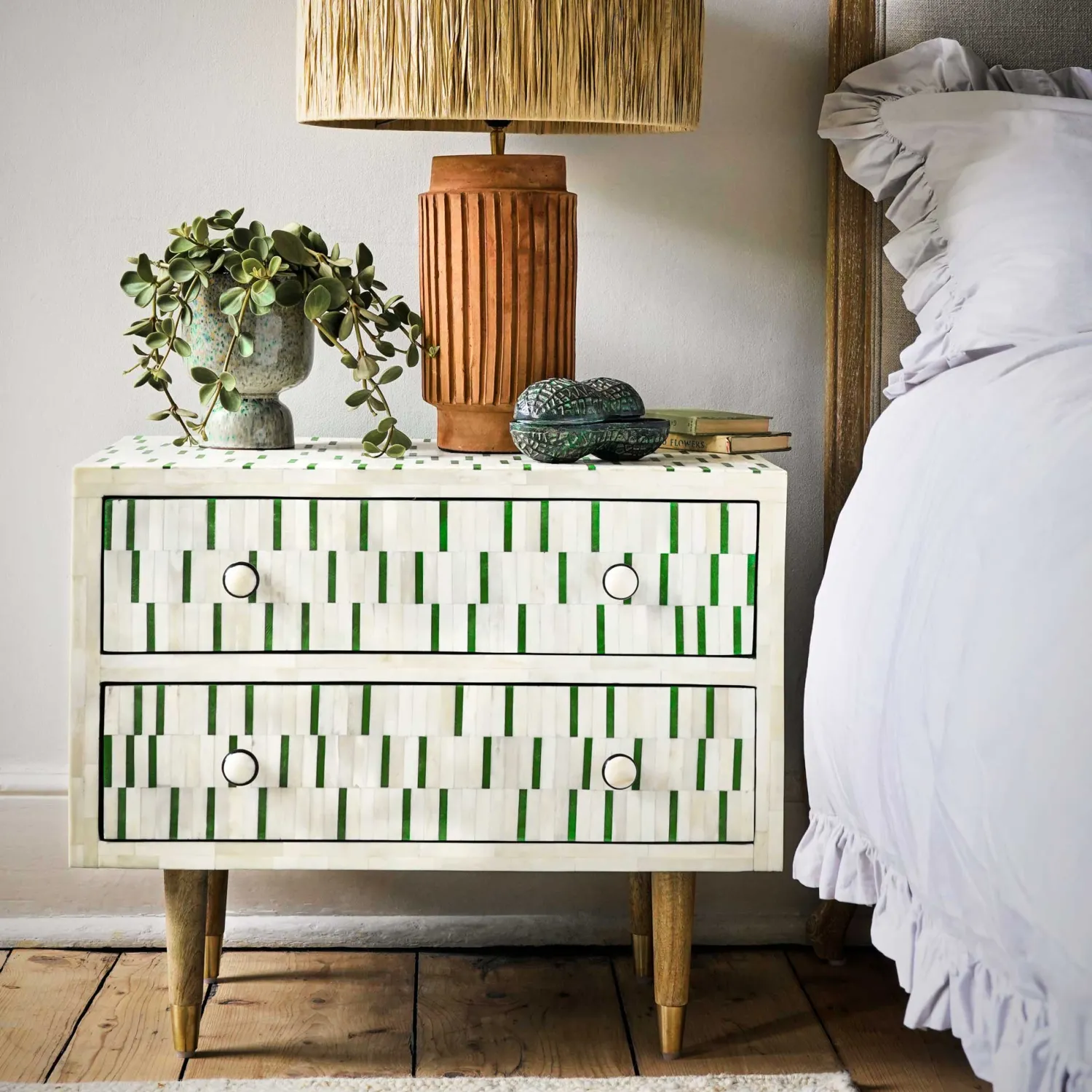 Graham & Green Zarina Green Stripe Bone Inlay Bedside Table