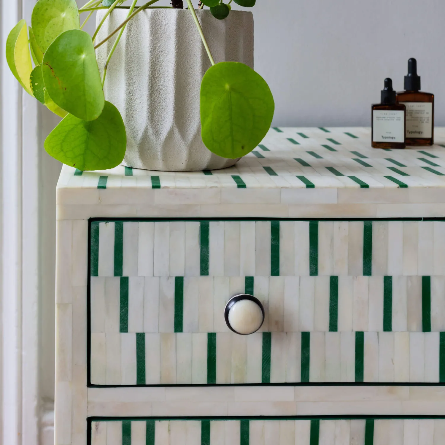 Graham & Green Zarina Green Stripe Bone Inlay Bedside Table